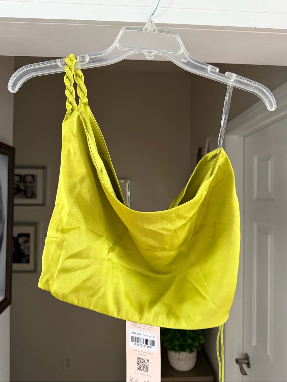 Oh Polly One-Shoulder Lime Green Satin Crop Set - Picture 3 of 7